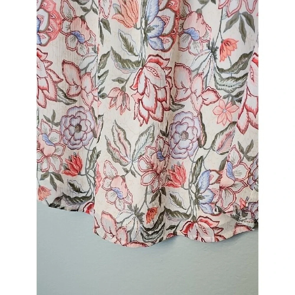 LOFT Women Cottagecore Floral Ruffle Neck Puff Sleeve Lined Blouse Size Large